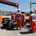 The car of Nico Hulkenberg (GER) Force India VJM09 is recovered after retiring from the race with a fire at Formula One World Championship, Rd5, Spanish Grand Prix, Race, Barcelona, Spain, Sunday 15 May 2016. © Sutton Images