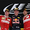 (L to R): Kimi Raikkonen (FIN) Ferrari, talks with Max Verstappen (NED) Red Bull Racing and Sebastian Vettel (GER) Ferrari celebrate on the podium at Formula One World Championship, Rd5, Spanish Grand Prix, Race, Barcelona, Spain, Sunday 15 May 2016. © Sutton Motorsport Images