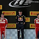 (L to R): Dr Helmut Marko (AUT) Red Bull Motorsport Consultant, Kimi Raikkonen (FIN) Ferrari, Max Verstappen (NED) Red Bull Racing and Sebastian Vettel (GER) Ferrari on the podium at Formula One World Championship, Rd5, Spanish Grand Prix, Race, Barcelona, Spain, Sunday 15 May 2016. © Sutton Motorsport Images