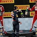 Kimi Raikkonen (FIN) Ferrari, race winner Max Verstappen (NED) Red Bull Racing and Sebastian Vettel (GER) Ferrari celebrate on the podium with the champagne at Formula One World Championship, Rd5, Spanish Grand Prix, Race, Barcelona, Spain, Sunday 15 May 2016. © Sutton Images