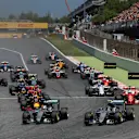 Lewis Hamilton (GBR) Mercedes-Benz F1 W07 Hybrid and Nico Rosberg (GER) Mercedes-Benz F1 W07 Hybrid battle at the start of the race at Formula One World Championship, Rd5, Spanish Grand Prix, Race, Barcelona, Spain, Sunday 15 May 2016. © Sutton Images