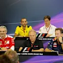 (L to R): Cyril Abiteboul (FRA) Renault Sport F1 Managing Director, Toto Wolff (AUT) Mercedes AMG F1 Director of Motorsport, Monisha Kaltenborn (AUT) Sauber Team Prinicpal, Maurizio Arrivabene (ITA) Ferrari Team Principal, Gene Haas (USA) Founder and Chairman, Haas F1 Team and Christian Horner (GBR) Red Bull Racing Team Principal in the Press Conference at Formula One World Championship, Rd18, United States Grand Prix, Practice, Circuit of the Americas, Austin, Texas, USA, Friday 21 October 2016. © Sutto...
