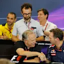 (L to R): Cyril Abiteboul (FRA) Renault Sport F1 Managing Director, Toto Wolff (AUT) Mercedes AMG F1 Director of Motorsport, Monisha Kaltenborn (AUT) Sauber Team Prinicpal, Maurizio Arrivabene (ITA) Ferrari Team Principal, Gene Haas (USA) Founder and Chairman, Haas F1 Team and Christian Horner (GBR) Red Bull Racing Team Principal in the Press Conference at Formula One World Championship, Rd18, United States Grand Prix, Practice, Circuit of the Americas, Austin, Texas, USA, Friday 21 October 2016. © Sutto...