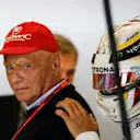 Niki Lauda (AUT) Mercedes AMG F1 Non-Executive Chairman and Lewis Hamilton (GBR) Mercedes AMG F1 at Formula One World Championship, Rd18, United States Grand Prix, Qualifying, Circuit of the Americas, Austin, Texas, USA, Saturday 22 October 2016. © Sutton Images