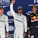 (L to R): Nico Rosberg (GER) Mercedes AMG F1, pole sitter Lewis Hamilton (GBR) Mercedes AMG F1 and Daniel Ricciardo (AUS) Red Bull Racing celebrate in parc ferme at Formula One World Championship, Rd18, United States Grand Prix, Qualifying, Circuit of the Americas, Austin, Texas, USA, Saturday 22 October 2016. © Sutton Images