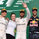 (L to R): Nico Rosberg (GER) Mercedes AMG F1, Victoria Vowles (GBR) Mercedes AMG F1 Partner Services Director, Lewis Hamilton (GBR) Mercedes AMG F1 and Daniel Ricciardo (AUS) Red Bull Racing celebrate on the podium with the trophy at Formula One World Championship, Rd18, United States Grand Prix, Race, Circuit of the Americas, Austin, Texas, USA, Sunday 23 October 2016. © Sutton Images