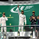 (L to R): Victoria Vowles (GBR) Mercedes AMG F1 Partner Services Director, Nico Rosberg (GER) Mercedes AMG F1, Lewis Hamilton (GBR) Mercedes AMG F1 and Daniel Ricciardo (AUS) Red Bull Racing celebrate on the podium at Formula One World Championship, Rd18, United States Grand Prix, Race, Circuit of the Americas, Austin, Texas, USA, Sunday 23 October 2016. © Sutton Images