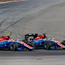 Esteban Ocon (FRA) Manor Racing MRT05 and Pascal Wehrlein (GER) Manor Racing MRT05 battle for position at Formula One World Championship, Rd18, United States Grand Prix, Race, Circuit of the Americas, Austin, Texas, USA, Sunday 23 October 2016. © Sutton Images