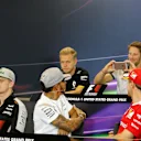(L to R): Kevin Magnussen (DEN) Renault Sport F1 Team, Romain Grosjean (FRA) Haas F1, Valtteri Bottas (FIN) Williams, Nico Hulkenberg (GER) Force India F1, Lewis Hamilton (GBR) Mercedes AMG F1 and Sebastian Vettel (GER) Ferrari in the Press Conference at Formula One World Championship, Rd18, United States Grand Prix, Preparations, Circuit of the Americas, Austin, Texas, USA, Thursday 20 October 2016. © Sutton Images