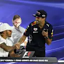 Hamilton (GBR) Mercedes AMG F1 and Ricciardo (AUS) Red Bull Racing in the Press Conference at Formula One World Championship, Rd20, Abu Dhabi Grand Prix, Preparations, Yas Marina Circuit, Abu Dhabi, UAE, Thursday 23 November 2017. © Lionel Ng/Sutton Images