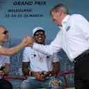 	 Valtteri Bottas (FIN) Mercedes AMG F1, Lewis Hamilton (GBR) Mercedes AMG F1 and Ross Brawn (GBR) Formula One Managing Director of Motorsports at F1 World Championship, Australian Grand Prix, Melbourne, Australia, 25 March 2017. ©Sutton Motorsport Images