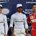 (L to R): Valtteri Bottas (FIN) Mercedes AMG, pole sitter Lewis Hamilton (GBR) Mercedes AMG and Sebastian Vettel (GER) Ferrari celebrate at F1 World Championship, Australian Grand Prix, Melbourne, Australia, 25 March 2017. ©Sutton Motorsport Images