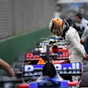Pole sitter Lewis Hamilton (GBR) Mercedes AMG F1 looks at the Red Bull Racing RB13 in parc ferme at Formula One World Championship, Australian Grand Prix, Qualifying, Albert Park, Melbourne, Australia, Saturday 25 March 2017. © Sutton Motorsport Images