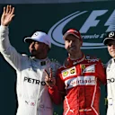Race winners Ferrari and Mercedes AMG F1 celebrate on the podium at Formula One World Championship, Rd1, Australian Grand Prix, Race, Albert Park, Melbourne, Australia, Sunday 26 March 2017. © Sutton Motorsport Images