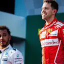 Lewis Hamilton (GBR) Mercedes AMG F1 and Sebastian Vettel (GER) Ferrari on the podium at Formula One World Championship, Rd1, Australian Grand Prix, Race, Albert Park, Melbourne, Australia, Sunday 26 March 2017. © Sutton Motorsport Images