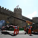 The crashed car of Sergio Perez (MEX) Force India VJM10 is recovered in FP1 at Formula One World Championship, Rd8, Azerbaijan Grand Prix, Practice, Baku City Circuit, Baku, Azerbaijan, Friday 23 June 2017. © Sutton Images