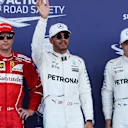 (L to R): Kimi Raikkonen (FIN) Ferrari, pole sitter Lewis Hamilton (GBR) Mercedes AMG F1 and Valtteri Bottas (FIN) Mercedes AMG F1 celebrate in parc ferme at Formula One World Championship, Rd8, Azerbaijan Grand Prix, Qualifying, Baku City Circuit, Baku, Azerbaijan, Saturday 24 June 2017. © Sutton Images