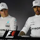 Valtteri Bottas (FIN) Mercedes AMG F1 and Lewis Hamilton (GBR) Mercedes AMG F1 in the Press Conference at Formula One World Championship, Rd8, Azerbaijan Grand Prix, Qualifying, Baku City Circuit, Baku, Azerbaijan, Saturday 24 June 2017.