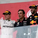 Race winner Daniel Ricciardo (AUS) Red Bull Racing celebrates on the podium with Valtteri Bottas (FIN) Mercedes AMG F1 and Lance Stroll (CDN) Williams at Formula One World Championship, Rd8, Azerbaijan Grand Prix, Race, Baku City Circuit, Baku, Azerbaijan, Sunday 25 June 2017. © Sutton Images