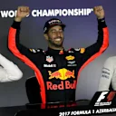 Race winner Daniel Ricciardo (AUS) Red Bull Racing celebrates in the Press Conference with Lance Stroll (CDN) Williams and Valtteri Bottas (FIN) Mercedes AMG F1 at Formula One World Championship, Rd8, Azerbaijan Grand Prix, Race, Baku City Circuit, Baku, Azerbaijan, Sunday 25 June 2017. © Sutton Images