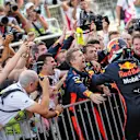 Race winner Daniel Ricciardo (AUS) Red Bull Racing celebrates in parc ferme with the team at Formula One World Championship, Rd8, Azerbaijan Grand Prix, Race, Baku City Circuit, Baku, Azerbaijan, Sunday 25 June 2017. © Sutton Images