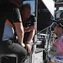 Sergio Perez (MEX) Force India talks with Robert Fearnley (GBR) Force India F1 Team Deputy Team Principal and Otmar Szafnauer (USA) Force India Formula One Team Chief Operating Officer on the pit wall gantry following his pit stop with a broken front wing at Formula One World Championship, Rd8, Azerbaijan Grand Prix, Race, Baku City Circuit, Baku, Azerbaijan, Sunday 25 June 2017. © Sutton Images