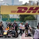Red Bull Racing mechanics push the Red Bull Racing RB13 car in the pitalne at Formula One World Championship, Rd8, Azerbaijan Grand Prix, Preparations, Baku City Circuit, Baku, Azerbaijan, Thursday 22 June 2017. © Sutton Images