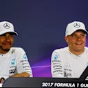 Lewis Hamilton (GBR) Mercedes AMG F1 and pole sitter Valtteri Bottas (FIN) Mercedes AMG F1 in the Press Conference at Formula One World Championship, Rd3, Bahrain Grand Prix Qualifying, Bahrain International Circuit, Sakhir, Bahrain, Saturday 15 April 2017. © Sutton Motorsport Images