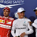 (L to R): Sebastian Vettel (GER) Ferrari, pole sitter Valtteri Bottas (FIN) Mercedes AMG F1 and Lewis Hamilton (GBR) Mercedes AMG F1 celebrate in parc ferme at Formula One World Championship, Rd3, Bahrain Grand Prix Qualifying, Bahrain International Circuit, Sakhir, Bahrain, Saturday 15 April 2017. © Sutton Motorsport Images