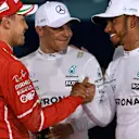 Vettel Ferrari, Bottas Mercedes AMG F1 and Hamilton Mercedes AMG F1 celebrate in parc ferme at F1 World Championship, Rd3, Bahrain Grand Prix Qualifying, Bahrain International Circuit, Sakhir, Bahrain, Saturday 15 April 2017. © Sutton Motorsport Images