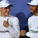 Bottas (FIN) Mercedes AMG F1 and Hamilton (GBR) Mercedes AMG F1 celebrate in parc ferme at F1 World Championship, Rd3, Bahrain Grand Prix Qualifying, Bahrain International Circuit, Sakhir, Bahrain, Saturday 15 April 2017. © Sutton Motorsport Images