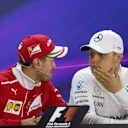 Race winner Sebastian Vettel (GER) Ferrari and Valtteri Bottas (FIN) Mercedes AMG F1 in the Press Conference at Formula One World Championship, Rd3, Bahrain Grand Prix Race, Bahrain International Circuit, Sakhir, Bahrain, Sunday 16 April 2017. © Sutton Mo