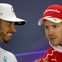 Hamilton (GBR) Mercedes AMG F1 and race winner Vettel (GER) Ferrari in the Press Conference at Formula One World Championship, Rd3, Bahrain Grand Prix Race, Bahrain International Circuit, Sakhir, Bahrain, Sunday 16 April 2017. © Sutton Motorsport Images