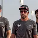 Stoffel Vandoorne (BEL) McLaren and Fernando Alonso (ESP) McLaren on the drivers parade at Formula One World Championship, Rd3, Bahrain Grand Prix Race, Bahrain International Circuit, Sakhir, Bahrain, Sunday 16 April 2017. © Sutton Motorsport Images