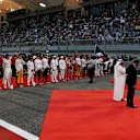 The National Anthem is observed on the grid at Formula One World Championship, Rd3, Bahrain Grand Prix Race, Bahrain International Circuit, Sakhir, Bahrain, Sunday 16 April 2017. © Sutton Motorsport Images