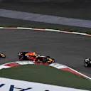 Hamilton (GBR) Mercedes W08 Hybrid leads Verstappen (NED) Red Bull Racing RB13 and Ricciardo (AUS) Red Bull RB13 at F1 World Championship, Bahrain Grand Prix Race, Bahrain International Circuit, Sakhir, Bahrain,16 April 2017. ©Sutton Motorsport Images