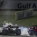 Lance Stroll (CDN) Williams FW40 and Carlos Sainz (ESP) Scuderia Toro Rosso STR12 crash at Formula One World Championship, Rd3, Bahrain Grand Prix Race, Bahrain International Circuit, Sakhir, Bahrain, Sunday 16 April 2017. © Sutton Motorsport Images