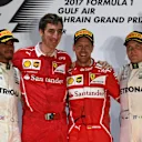 (L to R): Lewis Hamilton (GBR) Mercedes AMG F1, MatteoTogninalli (ITA) Ferrari Chief Race Engineer, Sebastian Vettel (GER) Ferrari and Valtteri Bottas (FIN) Mercedes AMG F1 celebrate on the podium at Formula One World Championship, Rd3, Bahrain Grand Pr