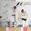 Sebastian Vettel (GER) Ferrari, Lewis Hamilton (GBR) Mercedes AMG F1 and Valtteri Bottas (FIN) Mercedes AMG F1 celebrate on the podium at Formula One World Championship, Rd3, Bahrain Grand Prix Race, Bahrain International Circuit, Sakhir, Bahrain, Sunday 16 April 2017. © Sutton Motorsport Images