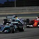 Bottas Mercedes-Benz Hybrid leads Vettel Ferrari and Hamilton Mercedes-Benz Hybrid at Formula One World Championship, Rd3, Bahrain Grand Prix Race, Bahrain International Circuit, Sakhir, Bahrain, Sunday 16 April 2017. © Sutton Motorsport Images