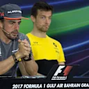 Alonso (ESP) McLaren and Palmer (GBR) Renault Sport F1 Team in the Press Conference at Formula One World Championship, Rd3, Bahrain Grand Prix Preparations, Bahrain International Circuit, Sakhir, Bahrain, Thursday 13 April 2017. © Sutton Motorsport Images