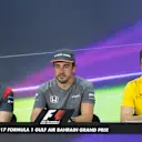 Magnussen Haas F1, Alonso McLaren and Palmer Renault Sport F1 Team in the Press Conference at F1 World Championship, Rd3, Bahrain Grand Prix Preparations, Bahrain International Circuit, Sakhir, Bahrain, Thursday 13 April 2017. © Sutton Motorsport Images