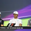 Perez Force India, Hamilton Mercedes AMG F1 and Vandoorne McLaren in the Press Conference at F1 World Championship, Rd3, Bahrain Grand Prix Preparations, Bahrain International Circuit, Sakhir, Bahrain, Thursday 13 April 2017. © Sutton Motorsport Images