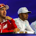 Sebastian Vettel (GER) Ferrari, Lewis Hamilton (GBR) Mercedes AMG F1 and Valtteri Bottas (FIN) Mercedes AMG F1 in the Press Conference at Formula One World Championship, Rd12, Belgian Grand Prix, Qualifying, Spa Francorchamps, Belgium, Saturday 26 August 2017. © Sutton Images