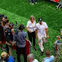 Sergio Perez (MEX) Force India and Esteban Ocon (FRA) Force India in the media interview area at Formula One World Championship, Rd12, Belgian Grand Prix, Race, Spa Francorchamps, Belgium, Sunday 27 August 2017. © Sutton Images