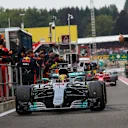Race winner Lewis Hamilton (GBR) Mercedes-Benz F1 W08 Hybrid arrives to celebrate in parc ferme at Formula One World Championship, Rd12, Belgian Grand Prix, Race, Spa Francorchamps, Belgium, Sunday 27 August 2017. © Sutton Images