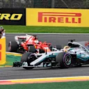 Lewis Hamilton (GBR) Mercedes-Benz F1 W08 Hybrid leads at the start of the race at Formula One World Championship, Rd12, Belgian Grand Prix, Race, Spa Francorchamps, Belgium, Sunday 27 August 2017. © Sutton Images
