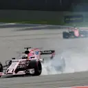 Sergio Perez (MEX) Force India VJM10 locks up with puncture at Formula One World Championship, Rd12, Belgian Grand Prix, Race, Spa Francorchamps, Belgium, Sunday 27 August 2017. © Sutton Images
