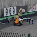 The crashed car of Lewis Hamilton (GBR) Mercedes-Benz F1 W08 Hybrid is recovered in Q1 at Formula One World Championship, Rd19, Brazilian Grand Prix, Qualifying, Interlagos, Sao Paulo, Brazil, Saturday 11 November 2017. © Mark Sutton/Sutton Images