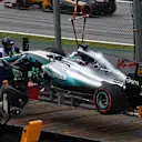The crashed car of Lewis Hamilton (GBR) Mercedes-Benz F1 W08 Hybrid is recovered in Q1 at Formula One World Championship, Rd19, Brazilian Grand Prix, Qualifying, Interlagos, Sao Paulo, Brazil, Saturday 11 November 2017. © Mark Sutton/Sutton Images
